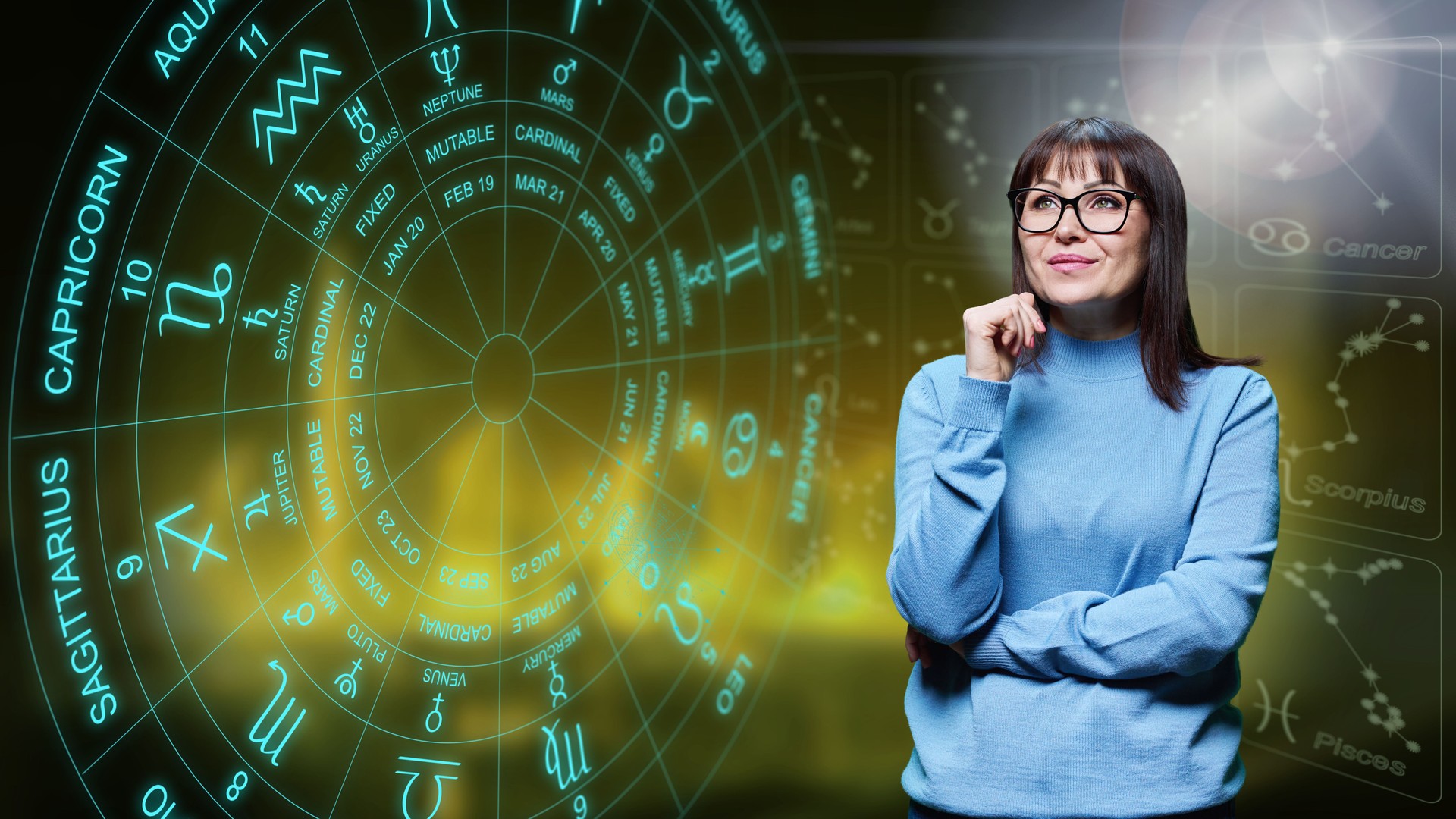Dreaming happy woman looking at astrological forecast horoscope.
